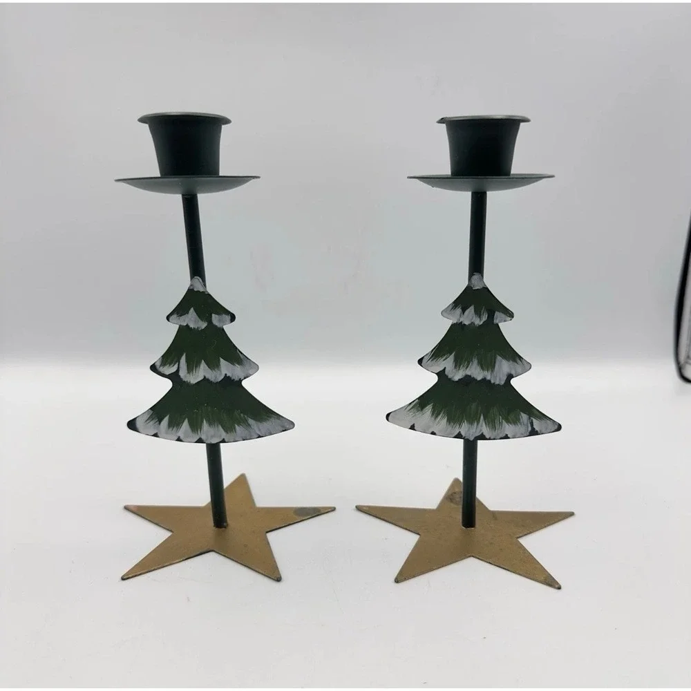 Vintage Metal Christmas Tree Taper Candle Holders‎ Set of 2 Star Base Green Gold